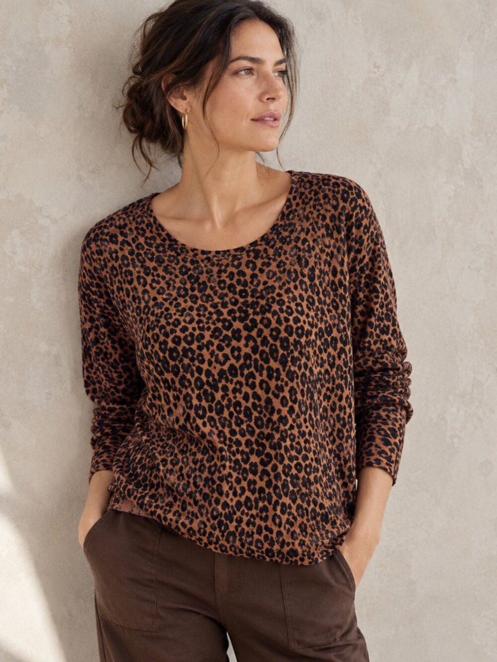 Garnet Hill Silk Cotton Leopard Print Sweater S Brown Black Animal Print